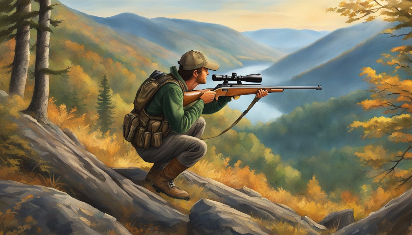 A hunter aiming a rifle at a deer in the West Virginia wilderness, surrounded by trees and mountains