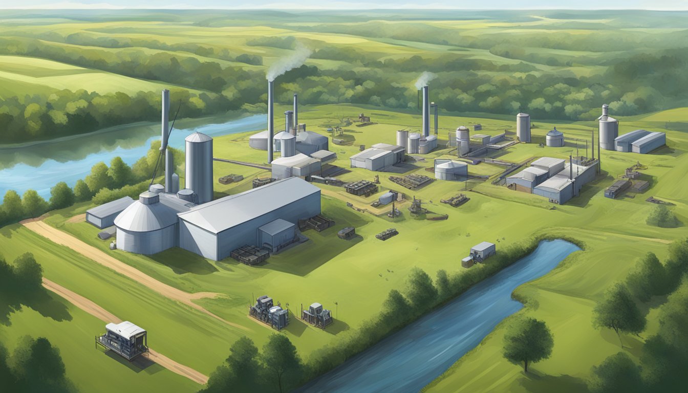 A bustling game processing facility in rural Illinois, surrounded by lush green fields and forests, with a steady stream of wildlife being brought in for harvesting