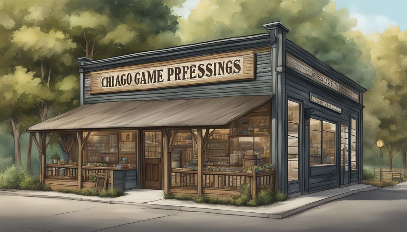 A rustic storefront with a large sign reading "Chicago's Finest Game Processing" in Illinois, surrounded by forested landscape