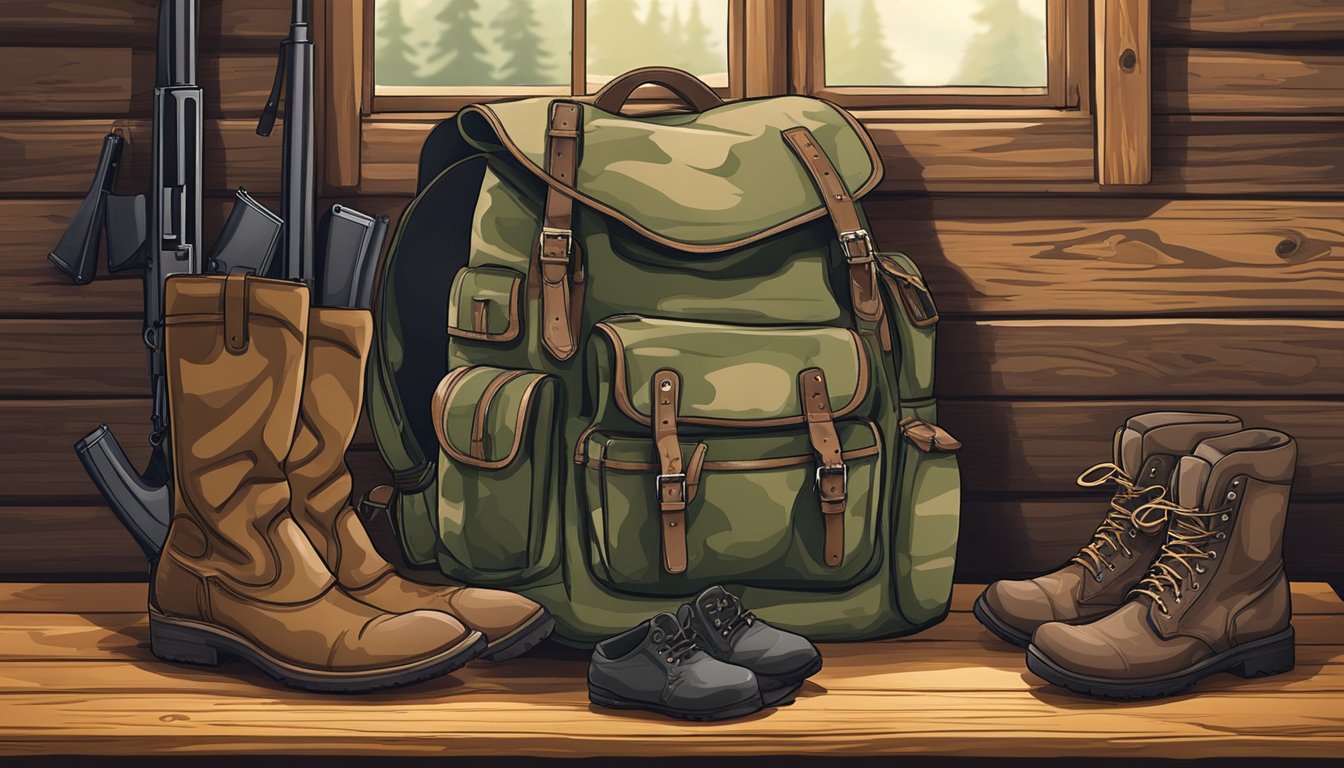 A hunter's backpack, rifle, camouflage clothing, and a pair of sturdy boots laid out on a wooden table in a rustic cabin