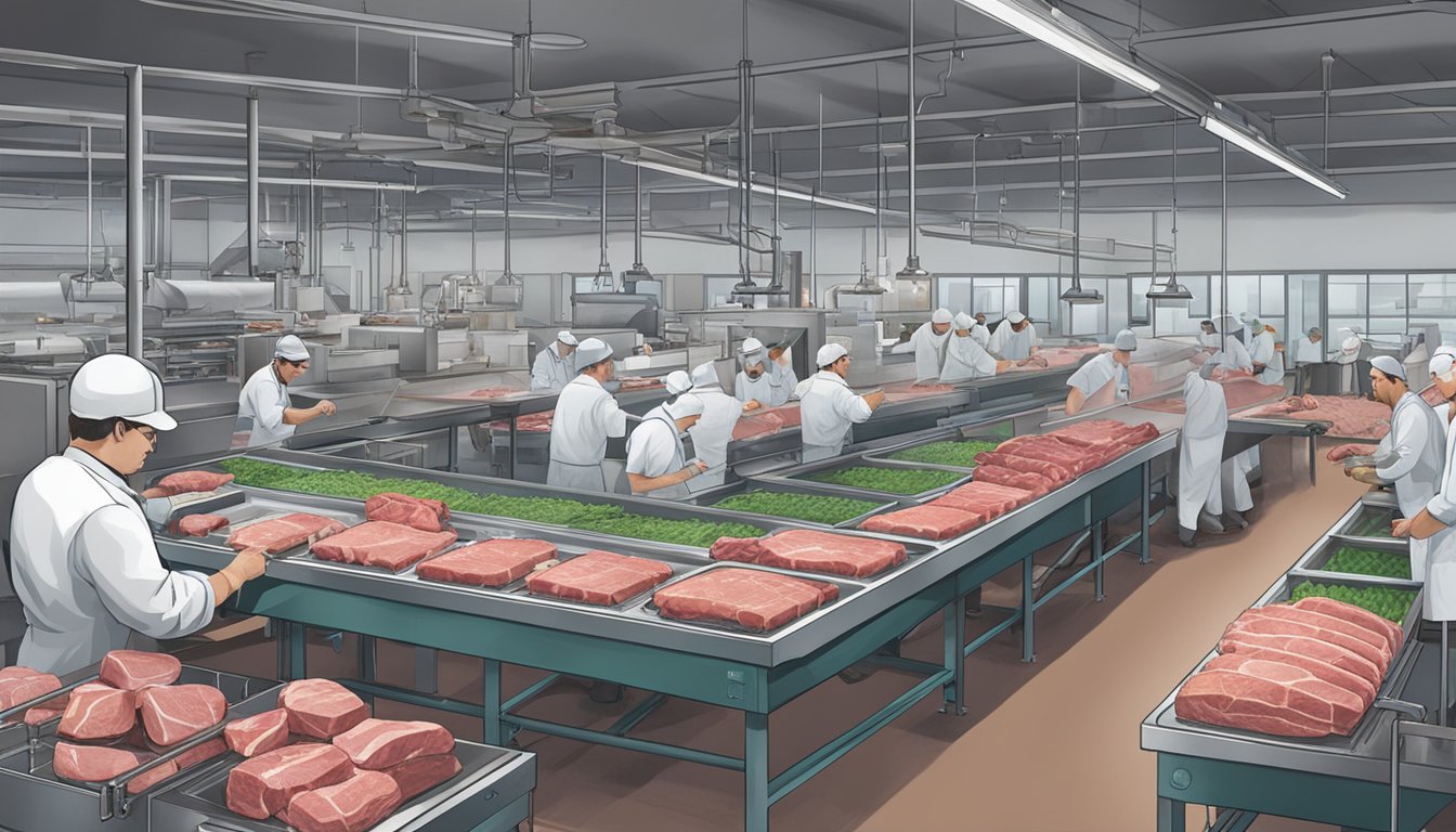 A bustling meat processing facility in Illinois, with workers busy at various stations, cutting and packaging game meat