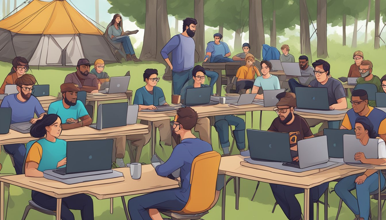 A group of game developers gather at a camp in Indiana, brainstorming and coding, surrounded by laptops and monitors