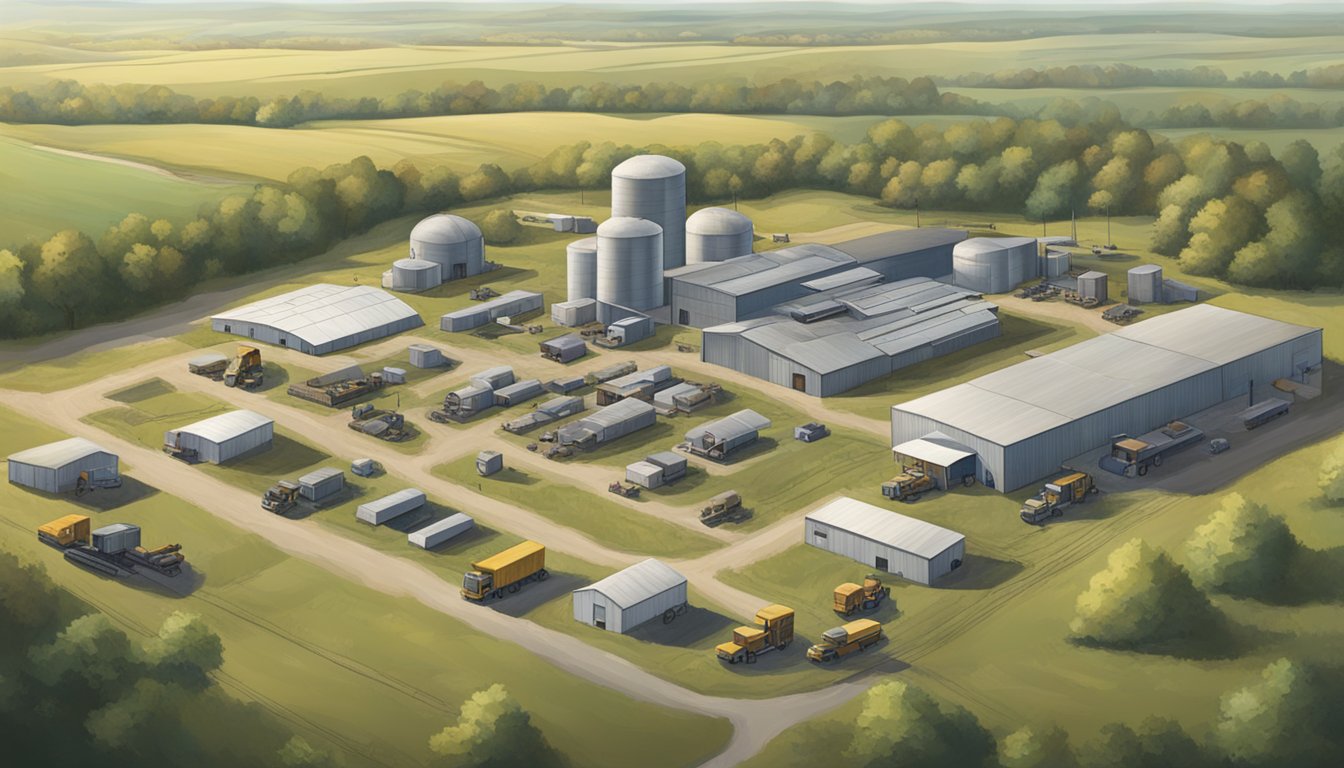 A bustling game processing facility in the heart of Illinois, surrounded by fields and forests. Trucks come and go, delivering and picking up game