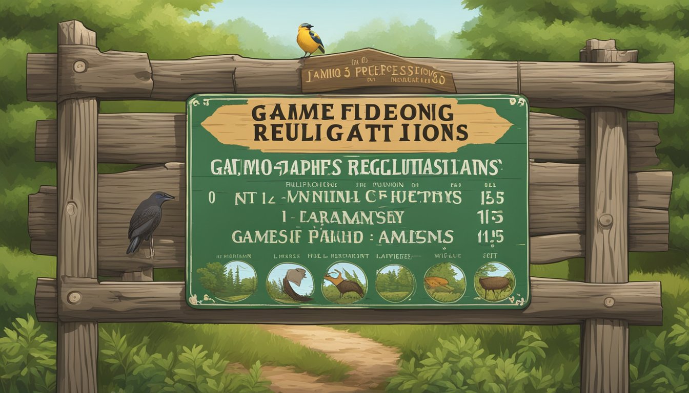 A rustic wooden sign with "Game Processing Regulations in Illinois" displayed, surrounded by forest and wildlife