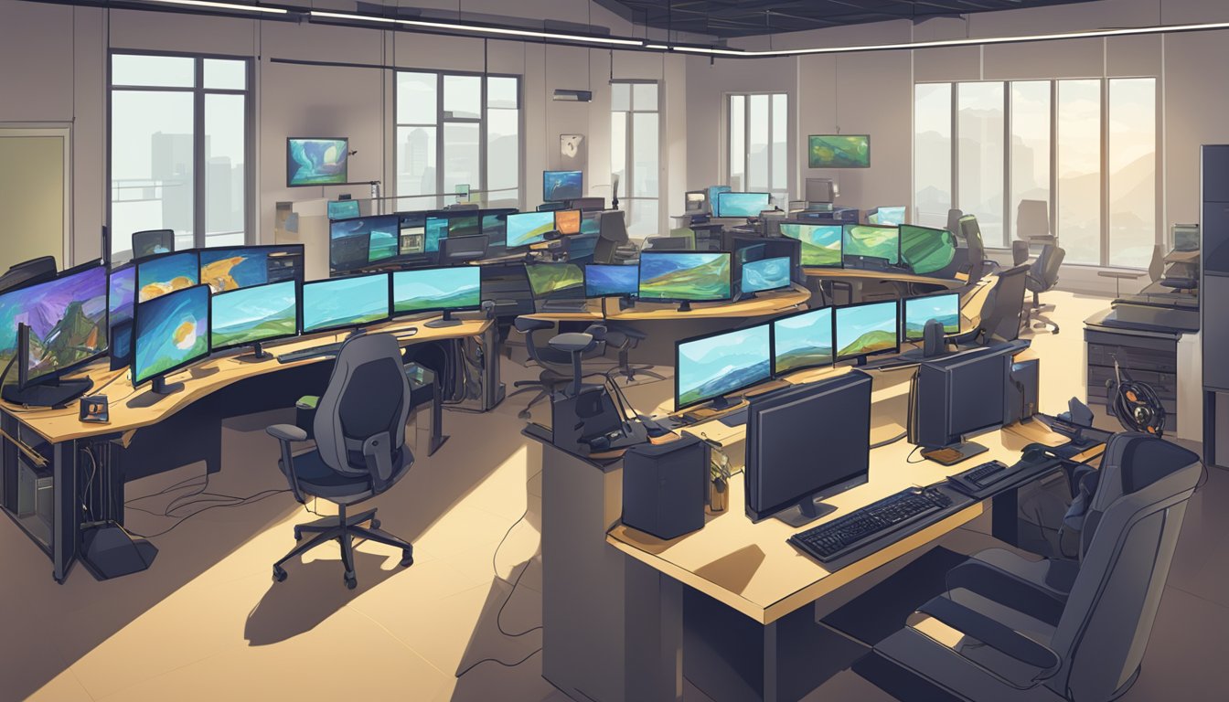 A bustling game development studio at Purdue Polytechnic, with computers and creative energy flowing as the best games in Indiana are being processed