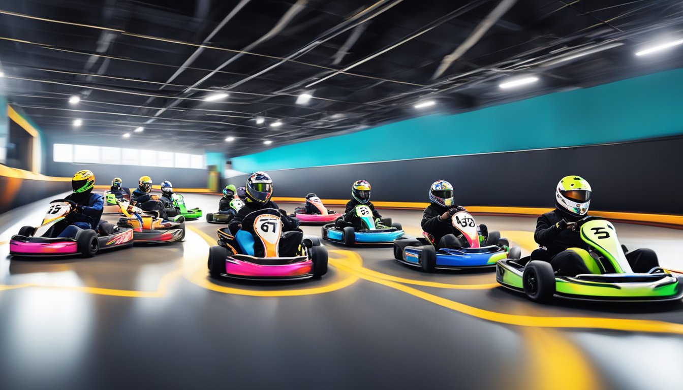 A group of karts speeding around a brightly lit indoor track at R1 Indoor Karting in Lincoln, Massachusetts