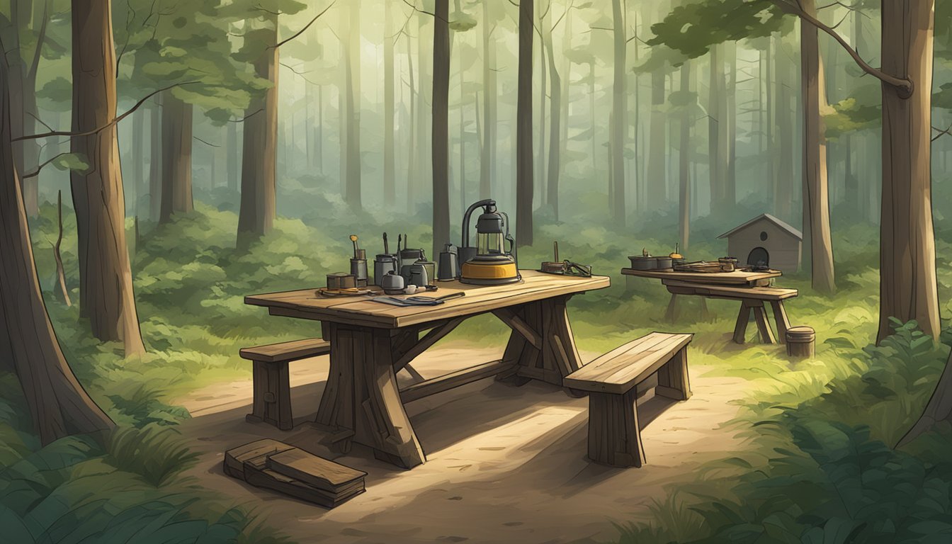 A serene forest clearing with a rustic wooden table surrounded by tools and equipment for game processing in Massachusetts