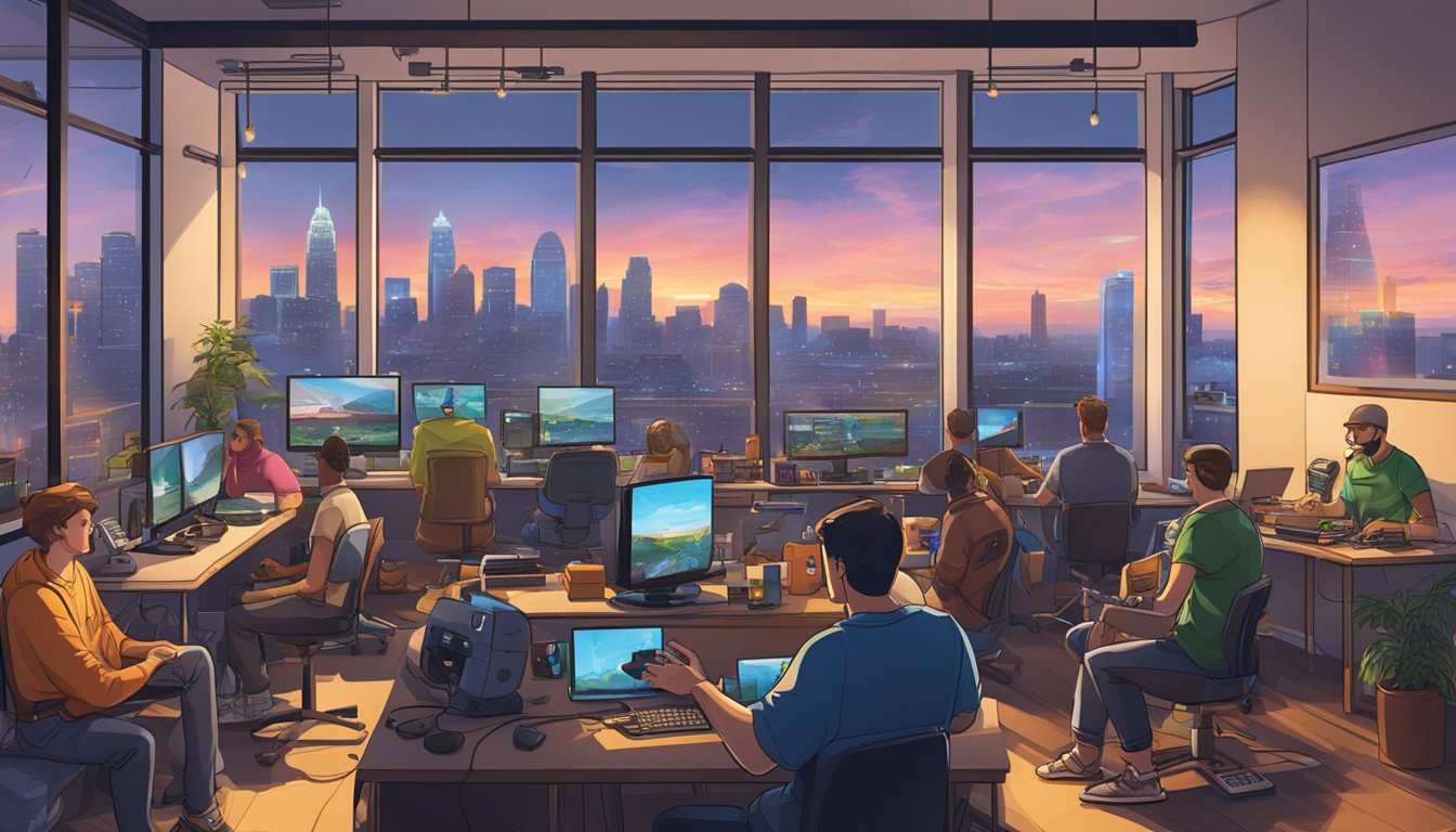 A crowded room with gaming consoles and computers, people chatting and playing games. Kansas city skyline visible through the window