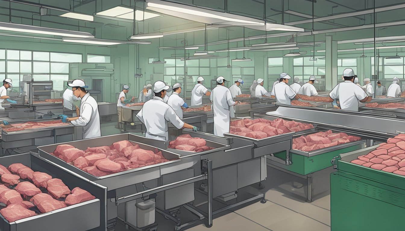 A bustling game processing facility in Massachusetts, with workers inspecting and packaging game meat while adhering to legal regulations