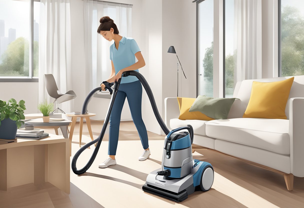 Un aspirateur Nilfisk GM 80 en action, nettoyant une pièce bien rangée avec un design élégant et moderne