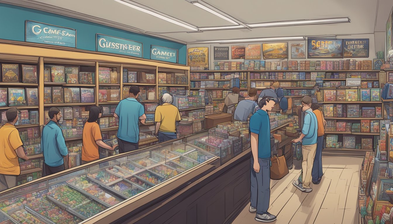 A bustling game shop in Kansas with shelves of games and customers browsing