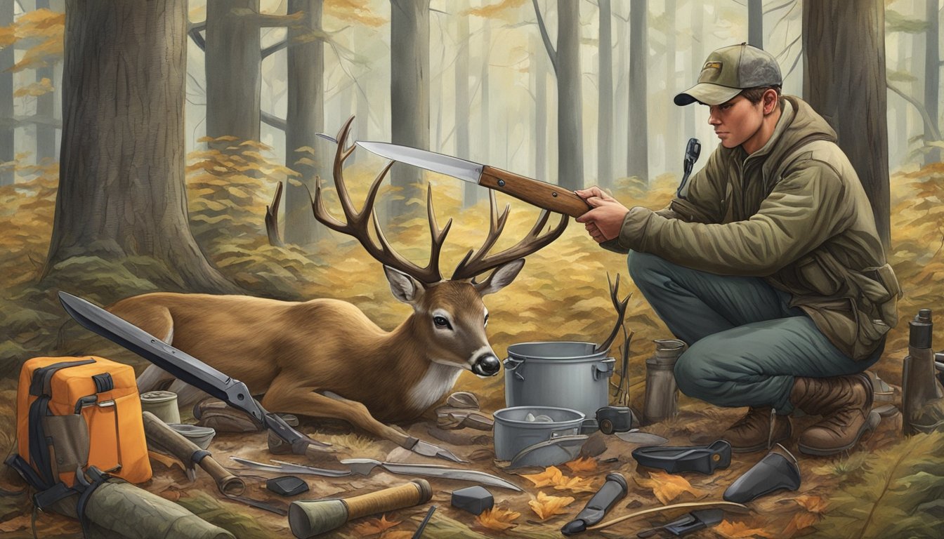 A hunter using a sharp knife to skin a deer, surrounded by game processing equipment and tools in an Indiana forest