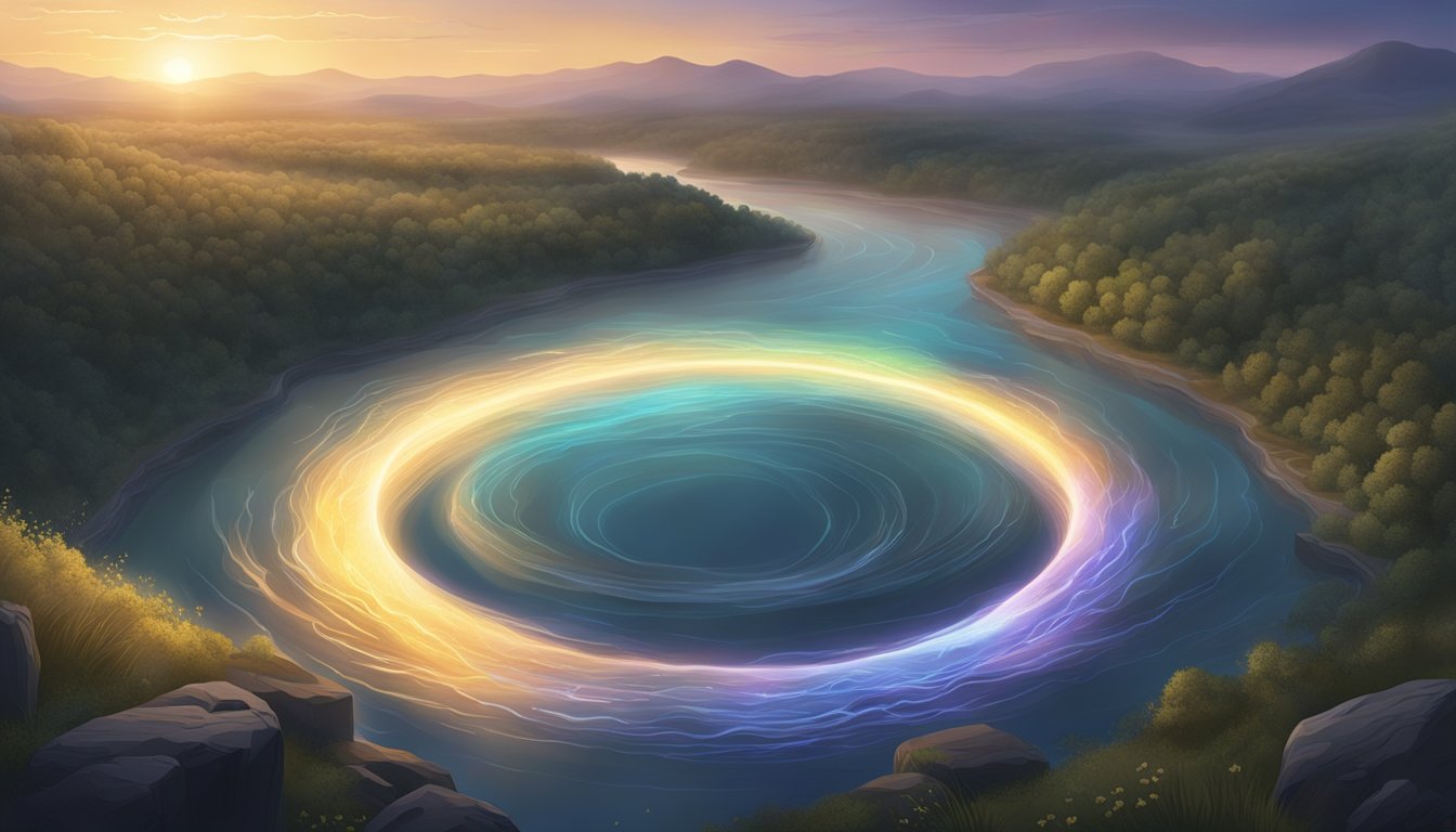 A fantastical landscape with a glowing, ethereal ring hovering above a swirling river in Mississippi