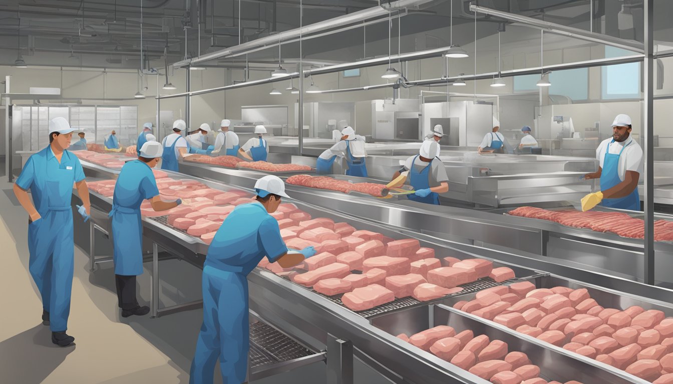 A bustling game processing facility in Kansas City, with workers packaging and labeling various meats