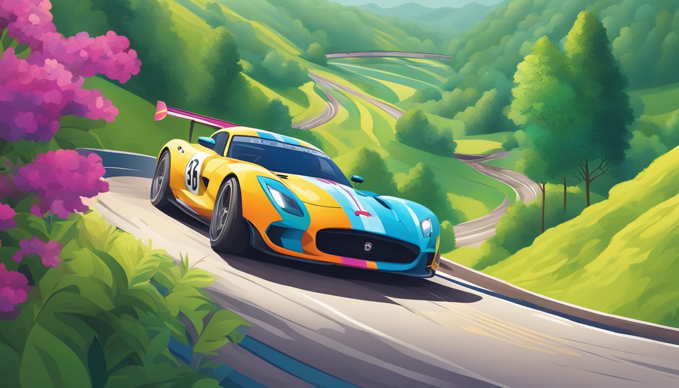 A vibrant racing car speeds through a colorful Mississippi landscape, surrounded by lush greenery and winding roads