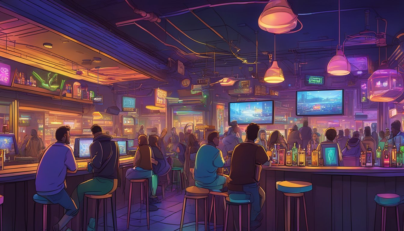 A lively bar with game consoles and neon lights, surrounded by a bustling cityscape in Kansas