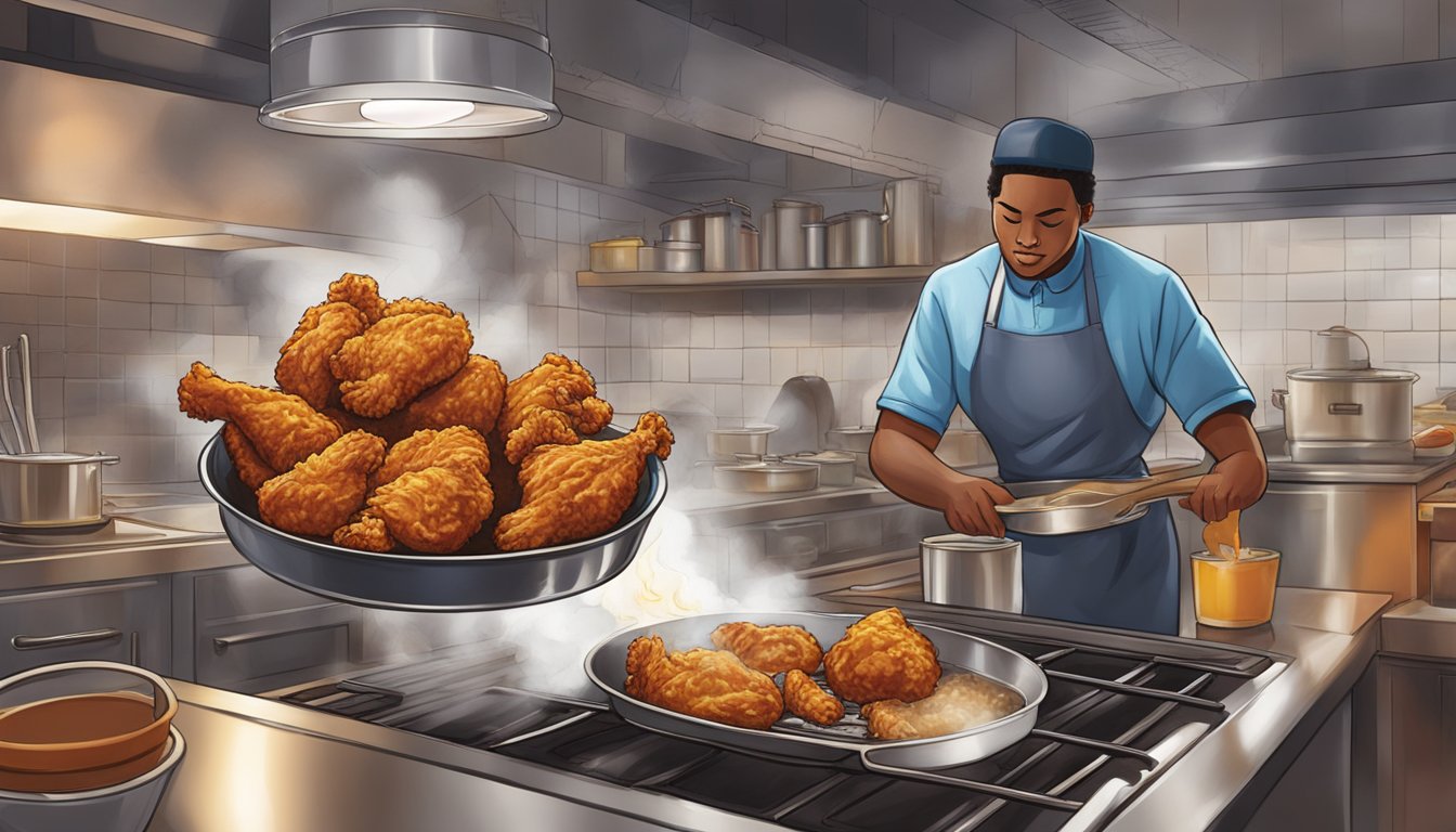 A sizzling batch of Extra Crispy Fried Chicken being carefully prepared in a bustling Kentucky kitchen