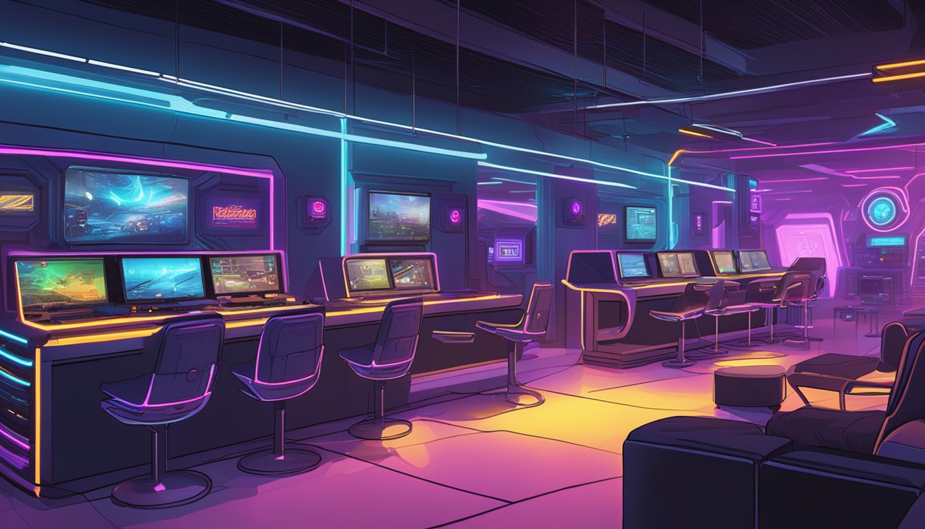 The gaming lounge at Outpost 16 is filled with high-tech gaming equipment and neon lights, creating an exciting and futuristic atmosphere