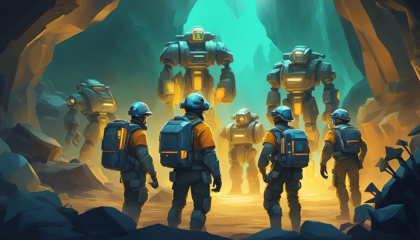 A group of miners in futuristic gear explore a cavern in the depths of Mississippi, using high-tech equipment to extract resources in the game Deep Rock Galactic