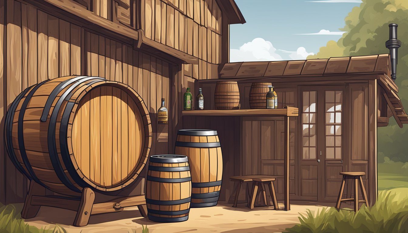 A wooden barrel of Kentucky Bourbon Ale sits next to a game processing station in a rustic Kentucky setting