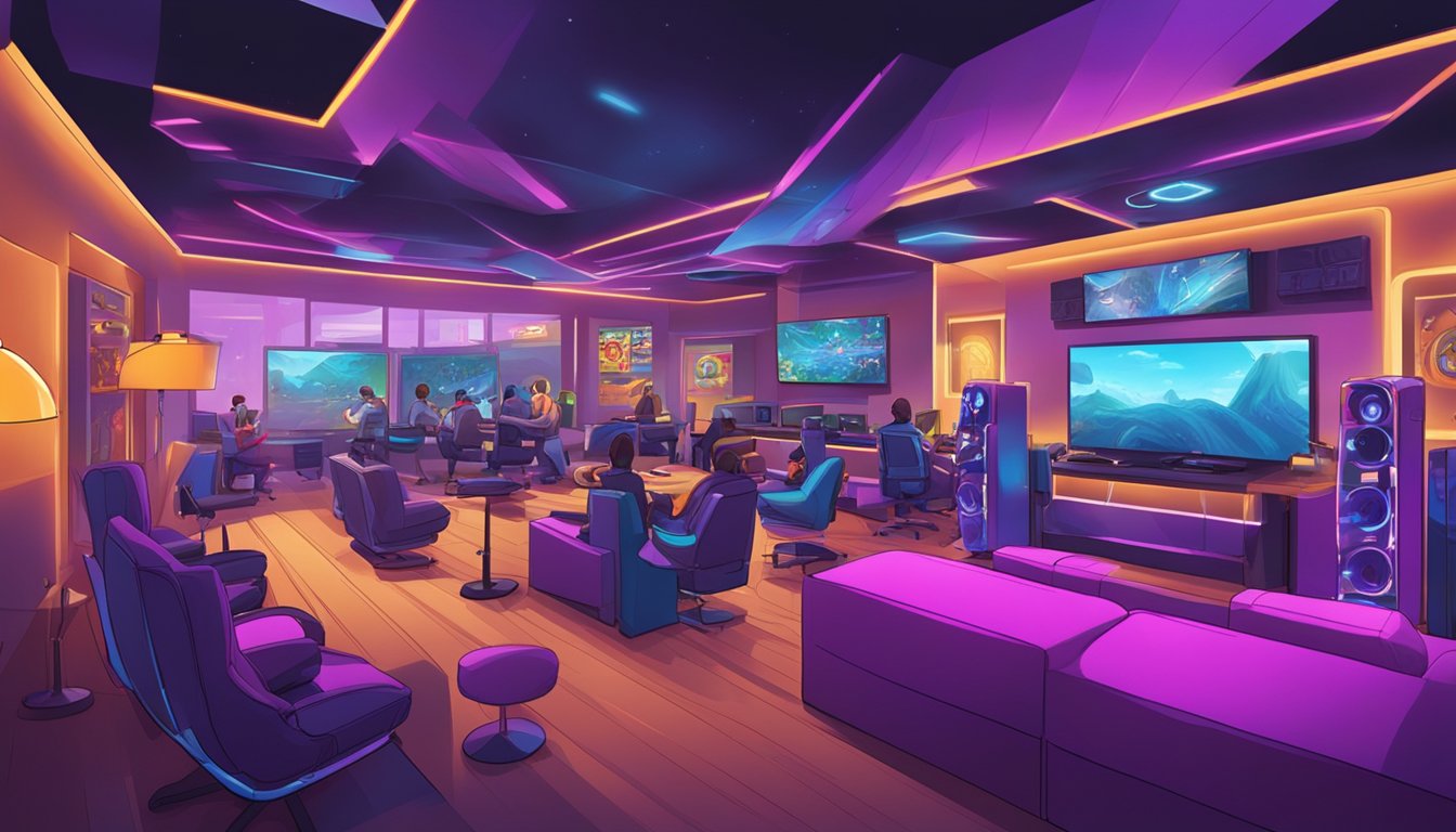 A vibrant gaming lounge with state-of-the-art equipment and comfortable seating, filled with enthusiastic gamers enjoying the latest video games