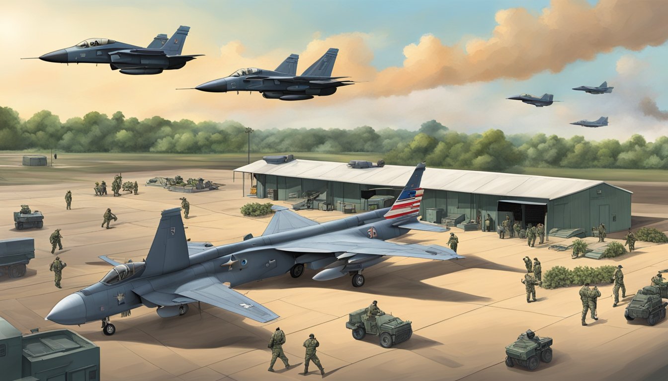 A military base in Mississippi, with fighter jets and soldiers in action