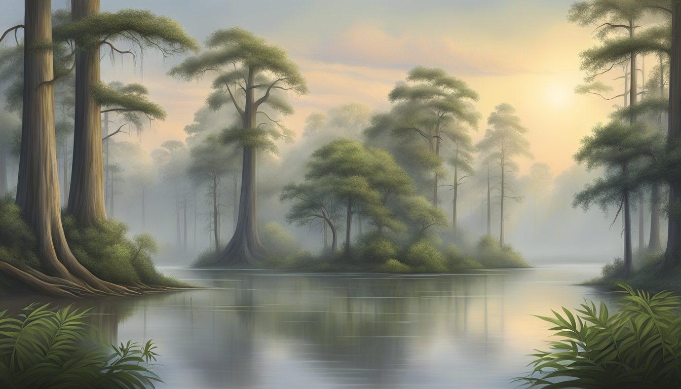 Lush Mississippi swamp with towering cypress trees, foggy mist, and a serene river winding through the landscape