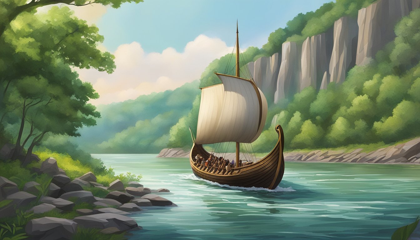 A Viking longship sails down the Mississippi River, framed by lush greenery and rocky cliffs