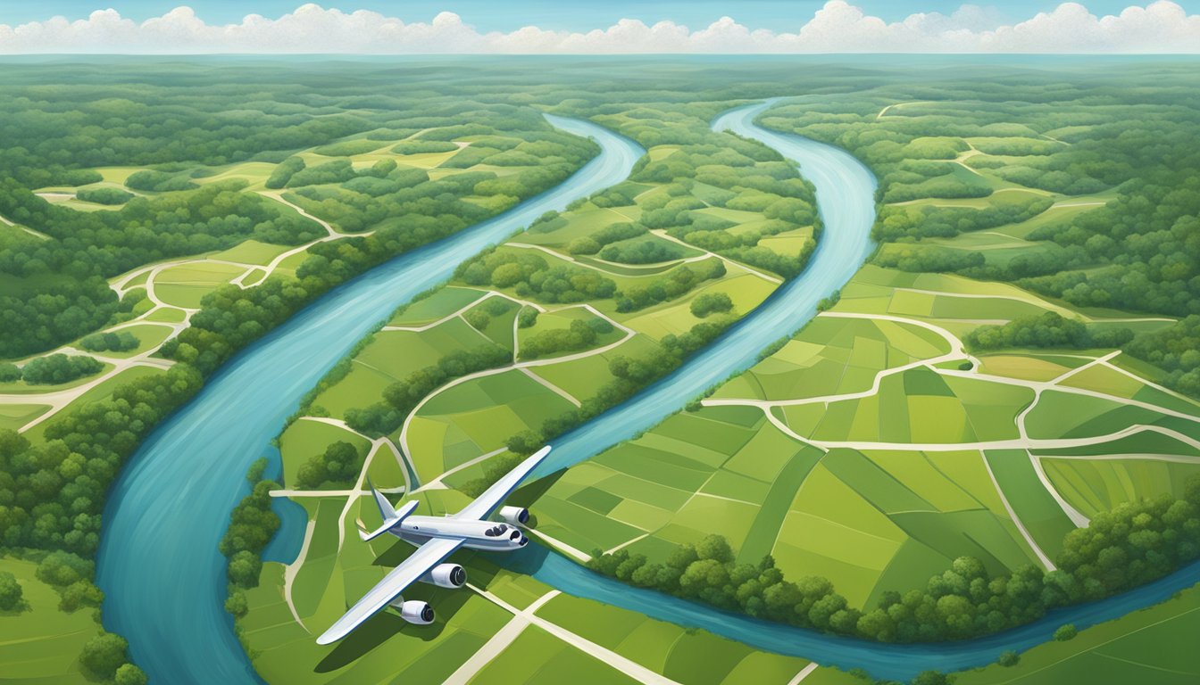 A realistic depiction of Mississippi's landscape from above, with a plane flying over lush green fields, winding rivers, and small towns