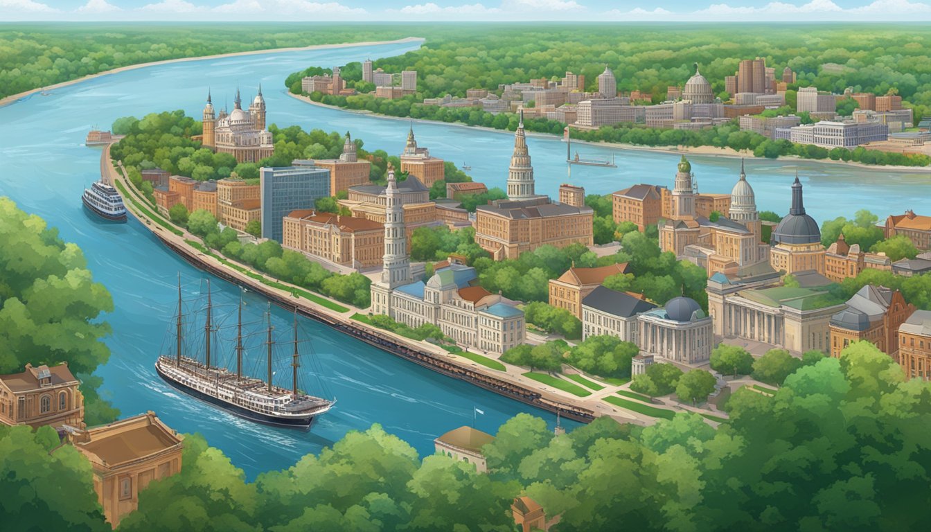 A bustling city along the Mississippi River, with ships and trade routes, surrounded by lush greenery and majestic architecture