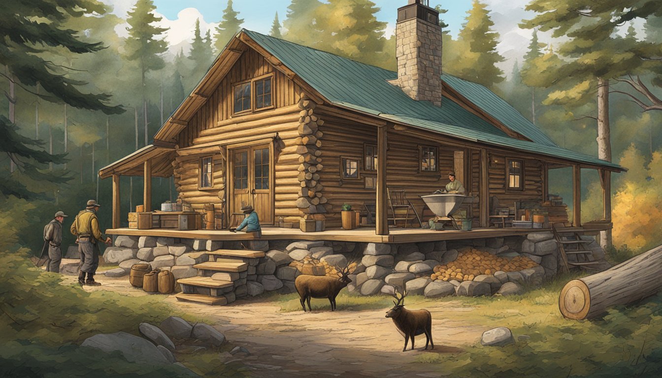 A rustic log cabin in the Maine woods, with a hunter's freshly harvested game being processed on a wooden table by the L.L. Bean Game Processor