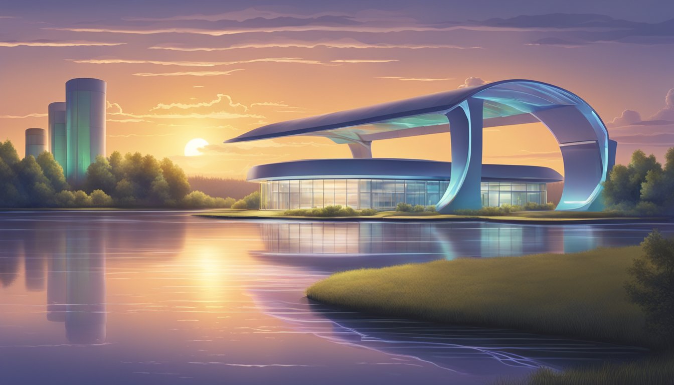 A serene Mississippi river flowing past a futuristic processing facility in the glow of a halo