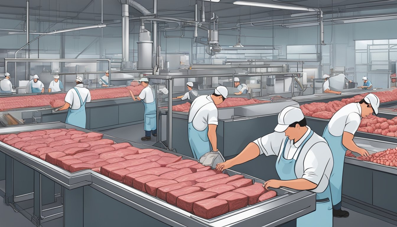 A bustling meat processing plant in Maine, with workers cutting and packaging game meat