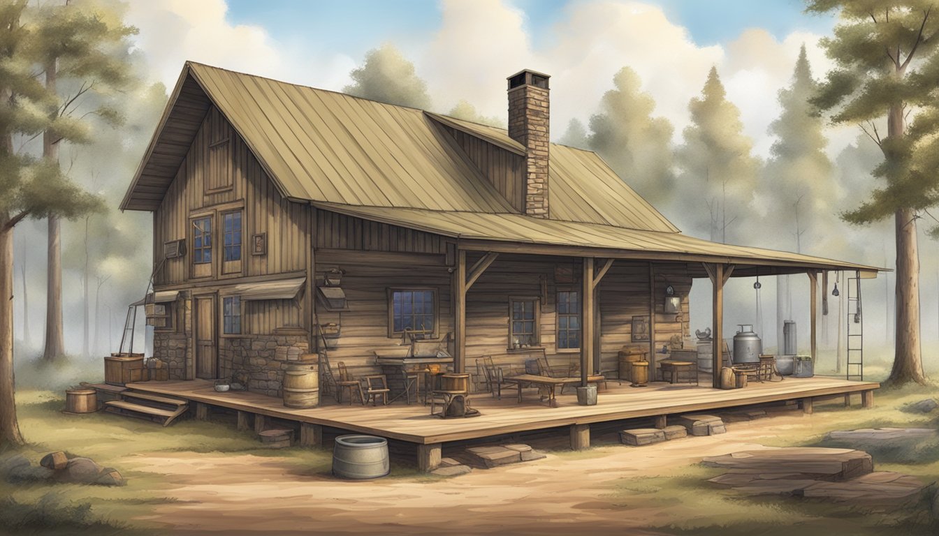 A rustic Mississippi hunting lodge with a large outdoor processing area, complete with hanging game, tools, and a wood-burning stove