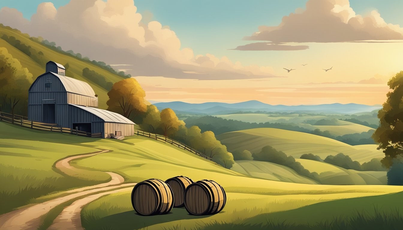 A serene countryside scene with rolling hills, a distillery, and a trail of bourbon barrels