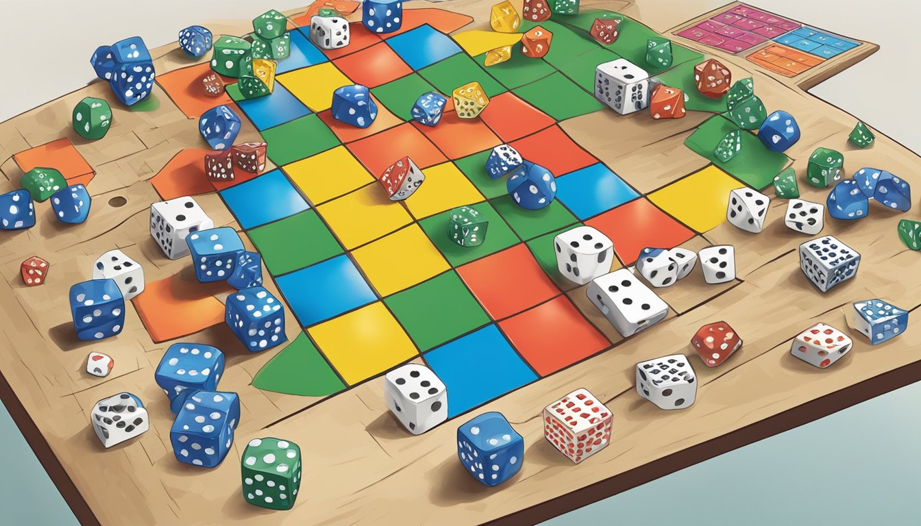 A colorful game board with Nebraska landmarks, dice, and player pieces scattered on a table