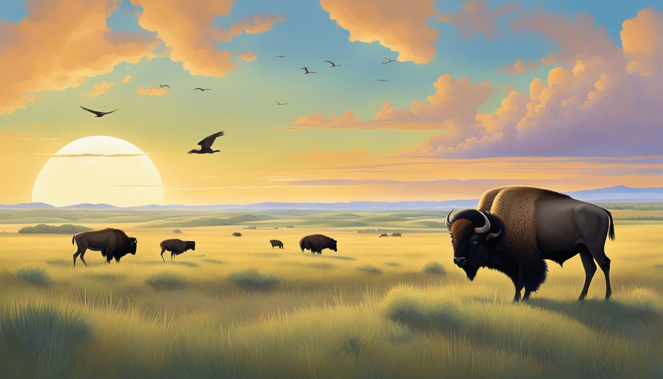 A serene landscape of Nebraska's diverse wildlife, including bison, deer, and birds, set against the backdrop of the state's rolling plains and expansive sky