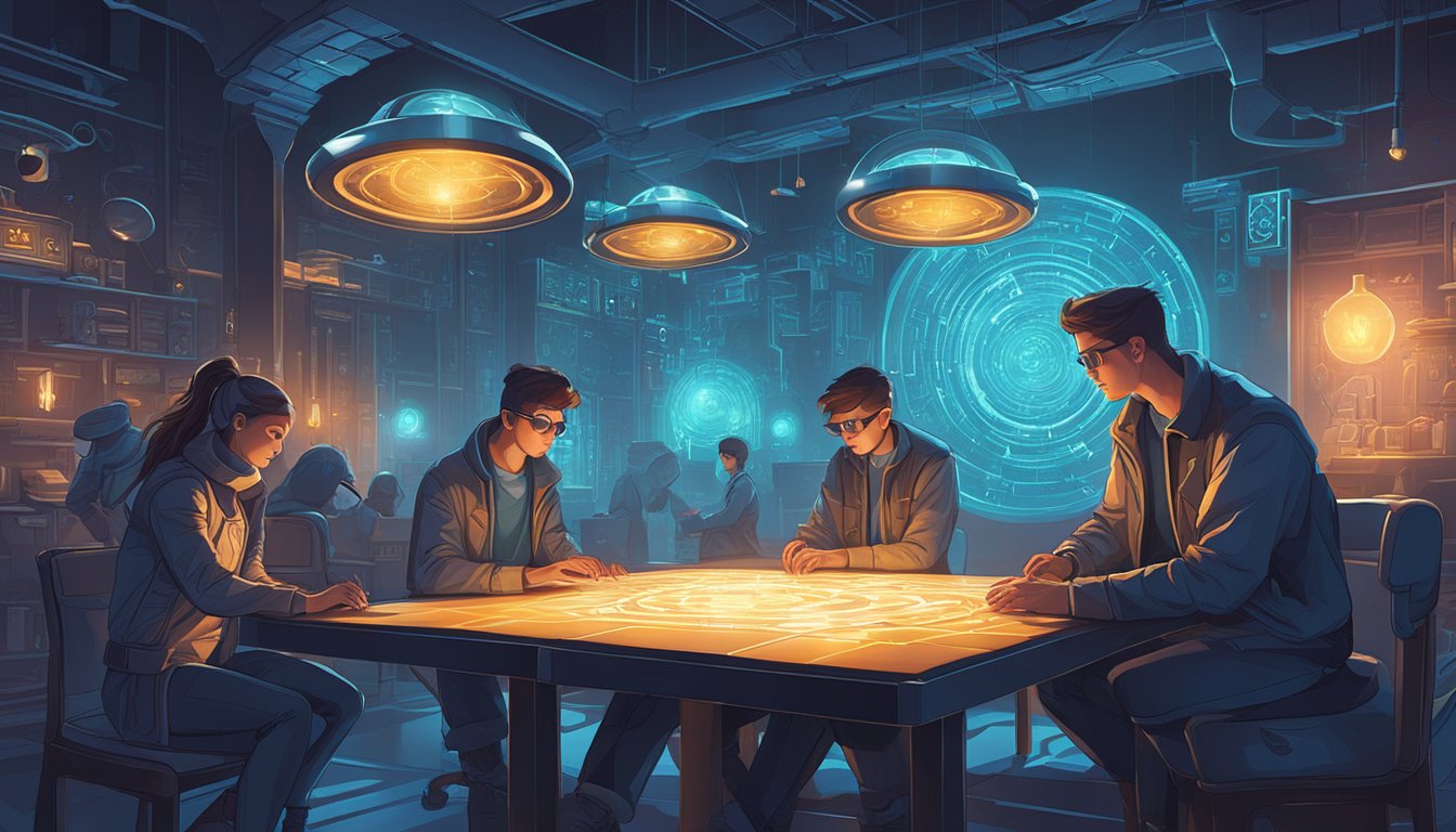 A group solves puzzles in a dimly lit room with futuristic decor and mysterious symbols