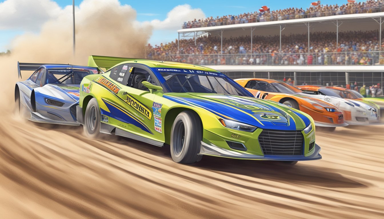 High-speed racecars zoom around a dirt track at Pioneer Speedway in Nebraska, with cheering fans in the stands