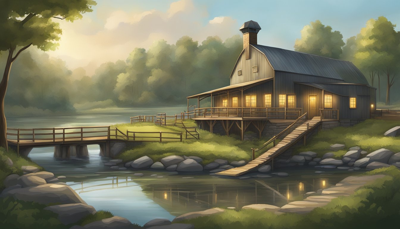 A rustic game processing facility nestled in the Maryland countryside, surrounded by lush greenery and a tranquil atmosphere