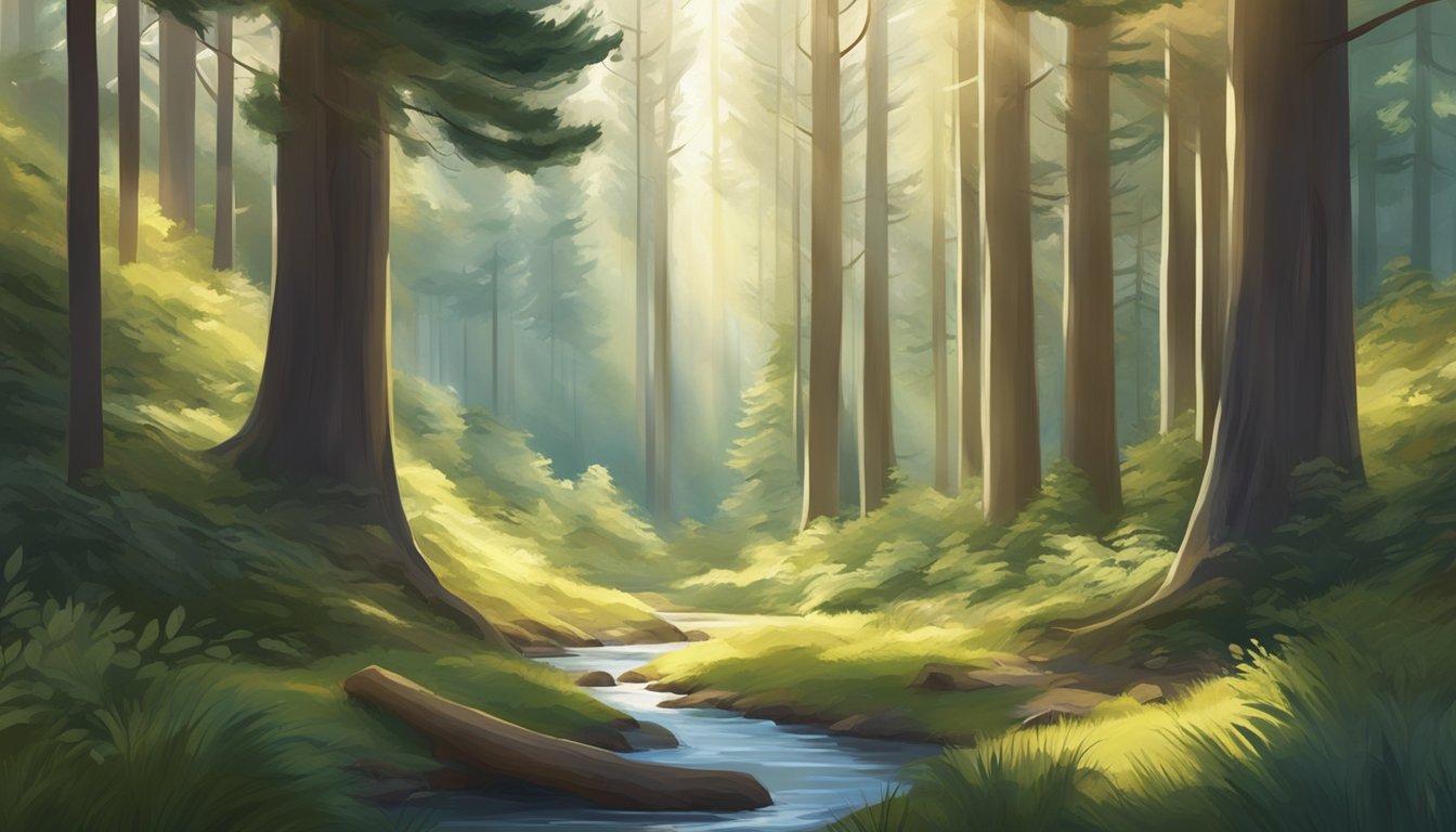 A serene forest clearing with a stream, surrounded by tall pine trees and sunlight filtering through the branches