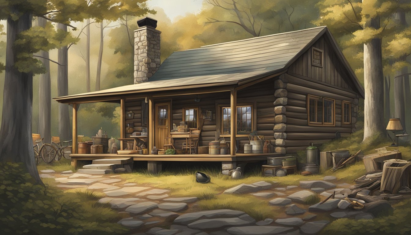 A rustic cabin nestled in the Maryland woods, surrounded by hunting trophies and game processing equipment