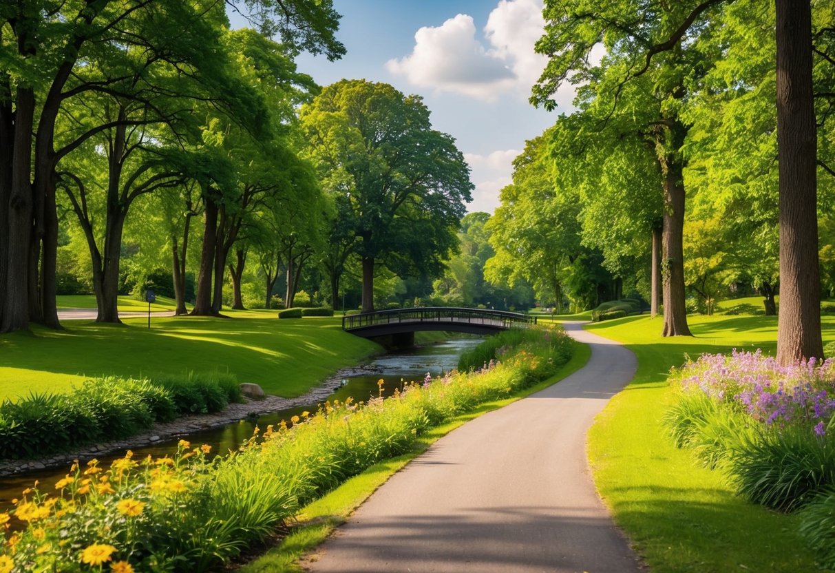 A serene park path winding through lush greenery, with a gentle stream and a bridge, surrounded by tall trees and colorful flowers