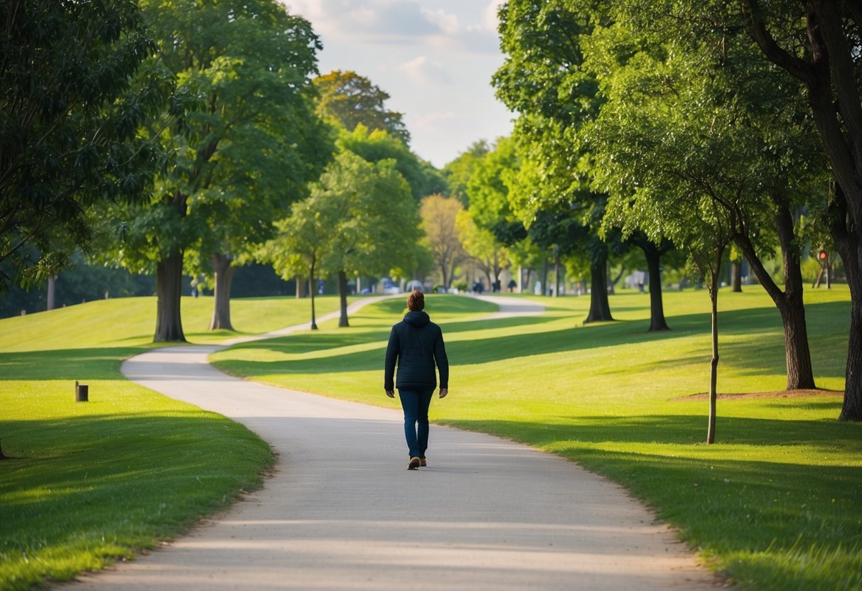 A serene park path with gentle slopes and a variety of trees, with a person walking along, surrounded by a peaceful and calming atmosphere