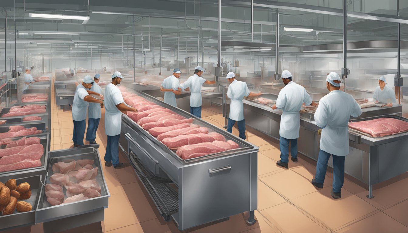 A bustling game processing facility in Maryland, with skilled workers preparing the finest Butcher's Choice meats for game services