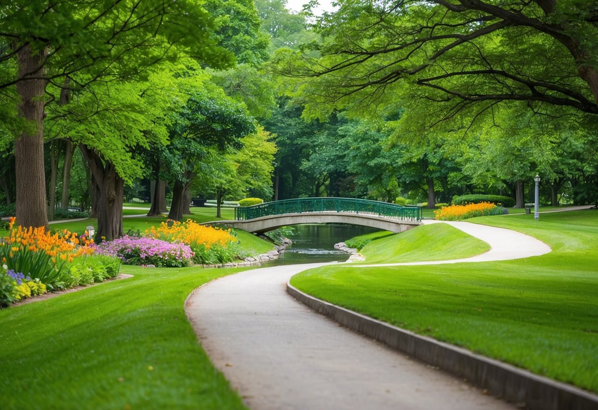 A serene park path winding through lush greenery, with a gentle stream and a bridge, surrounded by trees and colorful flowers