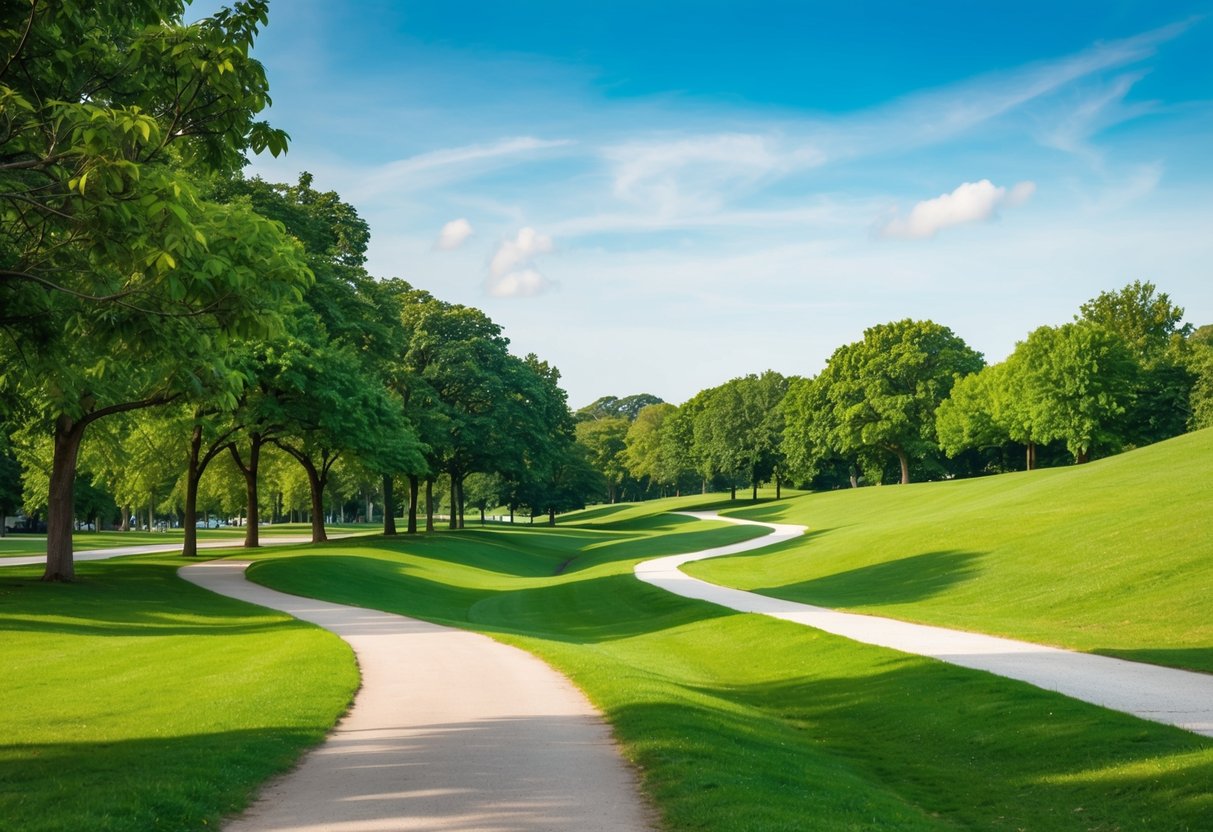 A serene park path winding through lush greenery, with a gentle slope and a clear blue sky overhead