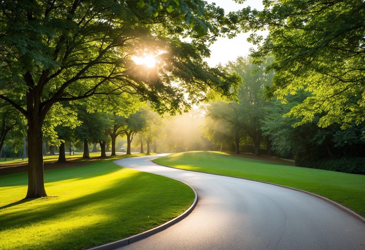 A serene park path with a gentle curve, surrounded by lush greenery and dappled sunlight filtering through the trees