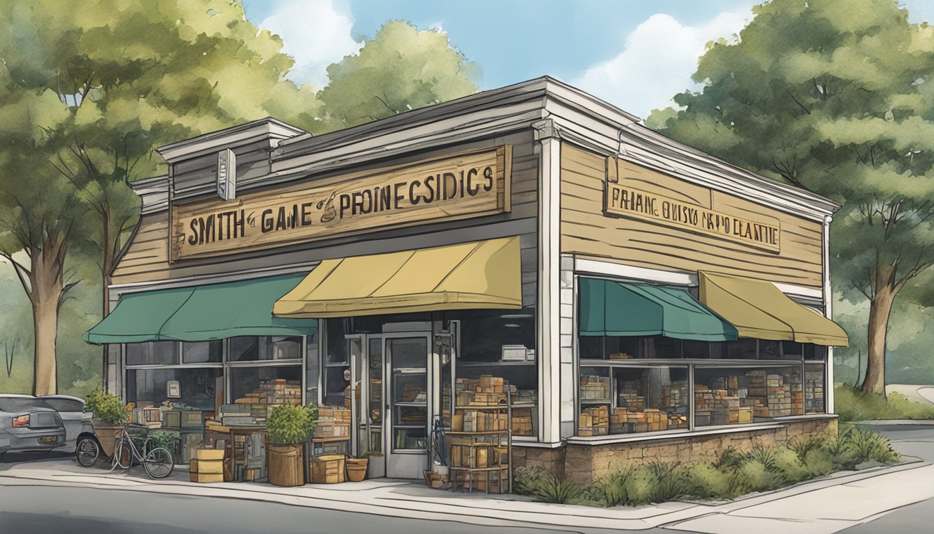 A rustic storefront with a large sign reading "Smith's Custom Game Processing" in Maryland. Outdoor scene with trees and a small parking lot