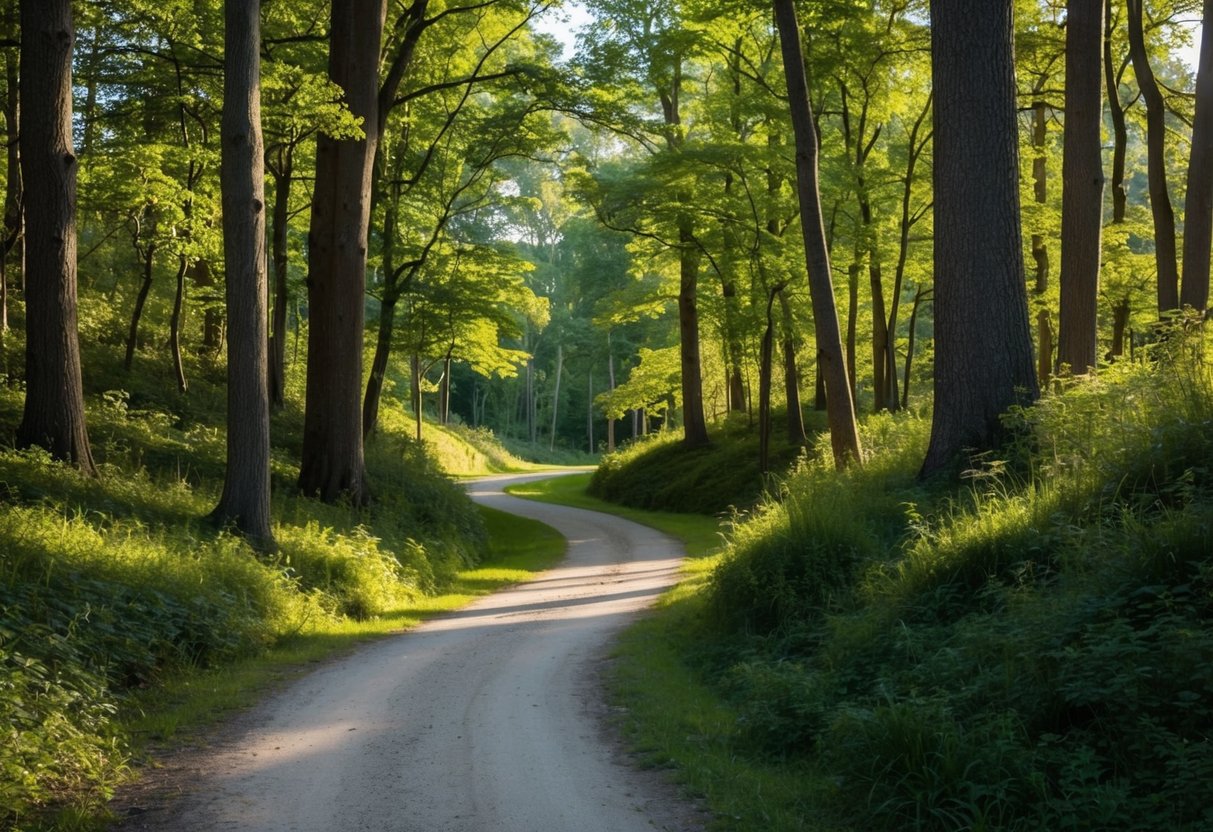 A serene forest path with a winding trail, surrounded by tall trees and dappled sunlight, with a gentle stream running alongside, conveying a sense of peace and tranquility